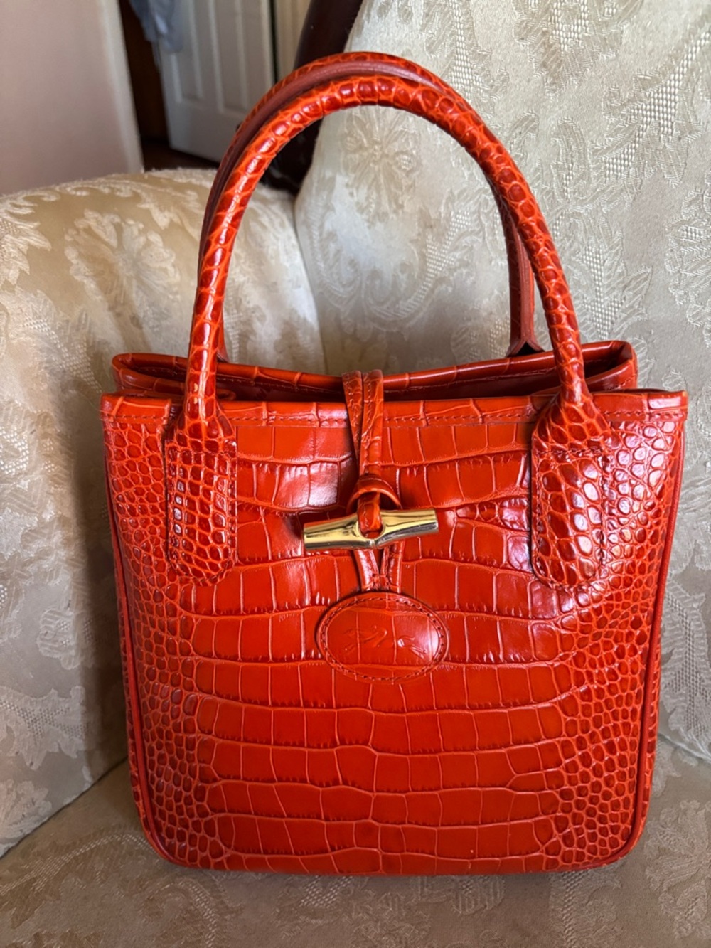 Croc-Embossed Orange Leather Satchel with Polished Hardw - Picture 8 of 10